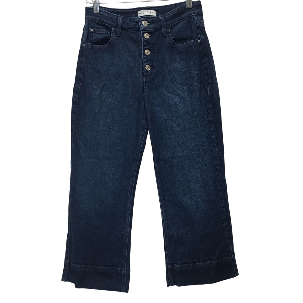 Guess Crop Jeans 28 Blue High Rise Button Fly Wide Leg Casual Stretch Denim